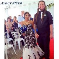 Custom Made Wedding,Black Appliques White Mermaid African Wedding Dress Sweetheart Court Train Bridal Wedding Gowns suknia slubna - Thumbnail 1