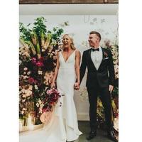 Unique Deep V-Neck Satin Wedding Dresses White Sleeveless Mermaid Wedding Dresses Backless Simple Wedding Dresses with Sweep Train - Thumbnail 1