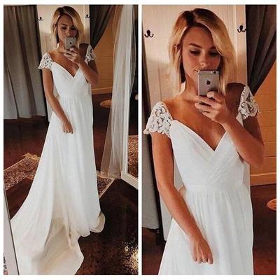 Classic V-Neck Vintage Wedding Dresses with Short Lace Capped Sleeve A Line Beach Wedding Dresses with Long Tail White Chiffon Wedding Dress