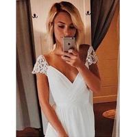 Classic V-Neck Vintage Wedding Dresses with Short Lace Capped Sleeve A Line Beach Wedding Dresses with Long Tail White Chiffon Wedding Dress - Thumbnail 2