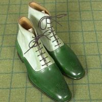 New Handmade Pure Green & Hash White Leather Ankle Boots for Men's - Thumbnail 4
