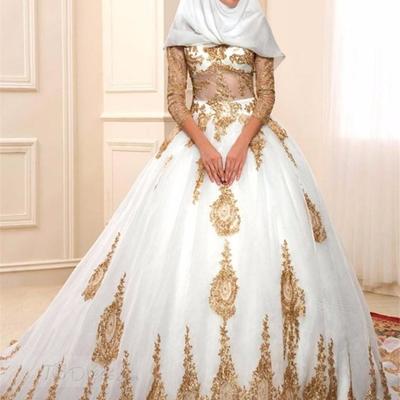 Sexy sheer long sleeves muslim crystals wedding dress with gold applique lace sequins turkey arabic see through bridal gown vestido de noiva - Thumbnail 4