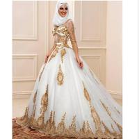 Sexy Sheer Long Sleeves Muslim Crystals Wedding Dress With Gold Applique Lace Sequins Turkey Arabic See Through Bridal Gown vestido de noiva - Thumbnail 2