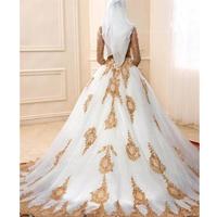 Sexy Sheer Long Sleeves Muslim Crystals Wedding Dress With Gold Applique Lace Sequins Turkey Arabic See Through Bridal Gown vestido de noiva - Thumbnail 1