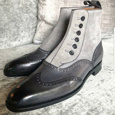 New handmade pure dark gray leather & gray suede button boots for men's - Thumbnail 4