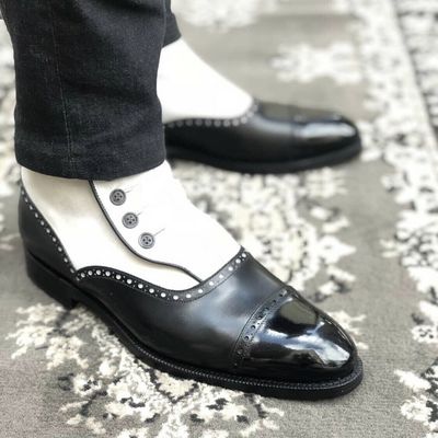 New handmade pure black leather & white suede button boots for men's - Thumbnail 5