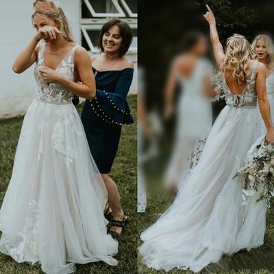Boho country long wedding dresses deep v neck backless lace appliques modern a line garden beach bridal gowns vestidos de noiva - Thumbnail 5