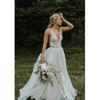 Boho Country Long Wedding Dresses Deep V Neck Backless Lace Appliques Modern A Line Garden Beach Bridal Gowns Vestidos De Noiva - Thumbnail 1