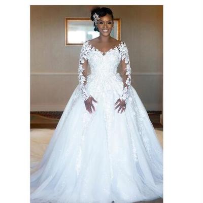 New vintage ball gown wedding dresses lace beaded sheer neck long sleeves bridal dresses cheap sexy wedding gowns - Thumbnail 4