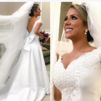 Elegant plus size a line lace wedding dresses applique deep v neck backless satin floor length wedding dress bridal gowns vestidos - Thumbnail 4