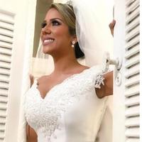 Elegant Plus Size A Line Lace Wedding Dresses Applique Deep V Neck Backless Satin Floor Length Wedding Dress Bridal Gowns Vestidos - Thumbnail 1