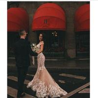 Champagne Mermaid Boho Wedding Dresses Sheer Neck 3D Floral Lace Cap Sleeve Country Garden Bride Wedding Dress - Thumbnail 1