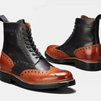 New handmade pure tan & black leather ankle boots for men's - Thumbnail 5