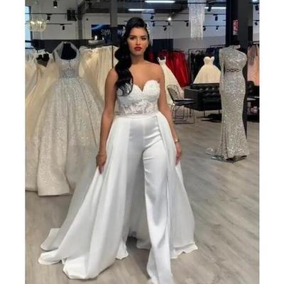 Lace stain women wedding jumpsuit with removable skirt strapless abiye bride wedding gowns with pant suit deane lita - Thumbnail 4