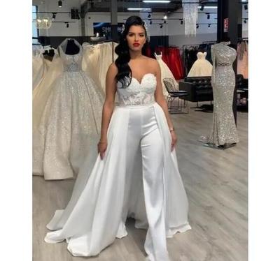 Lace Stain Women Wedding Jumpsuit with Removable Skirt Strapless Abiye Bride Wedding Gowns with Pant Suit Deane Lita
