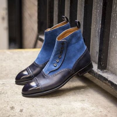 New handmade pure dark blue shaded leather & blue suede button boots for men's - Thumbnail 5