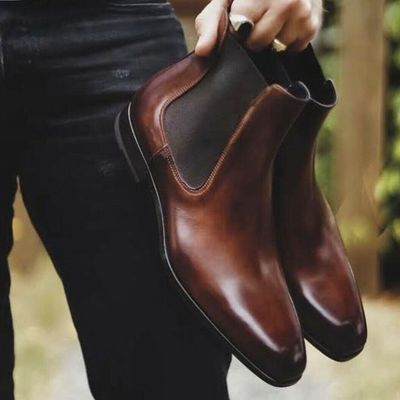 New handmade chelsea dark tan shaded pure leather ankle boots for men's - Thumbnail 5
