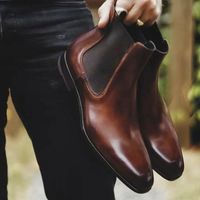 New Handmade Chelsea Dark Tan Shaded Pure Leather Ankle Boots for Men's - Thumbnail 3