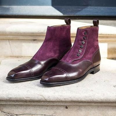 New handmade pure burgundy leather & burgundy suede button boots for men's - Thumbnail 5