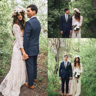 Vintage-inspired hippie maxi crochet lace bohemian long sleeve wedding dresses modest v-neck beach boho cheap wedding gowns plus size