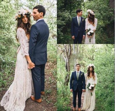 Vintage-Inspired Hippie Maxi Crochet Lace Bohemian Long Sleeve Wedding Dresses modest V-neck Beach Boho Cheap Wedding Gowns Plus Size