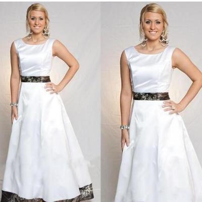 Simple satin a line wedding dresses with camo scoop neck sleeveless bridal wedding gowns 