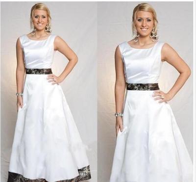 Simple Satin A Line Wedding Dresses with Camo Scoop Neck Sleeveless Bridal Wedding Gowns 