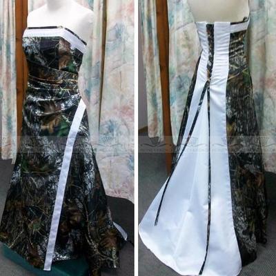 Vestidos de long a-line camo wedding dresses pleated ruched lace up back bridal gowns camouflage sweep train real tree country formal