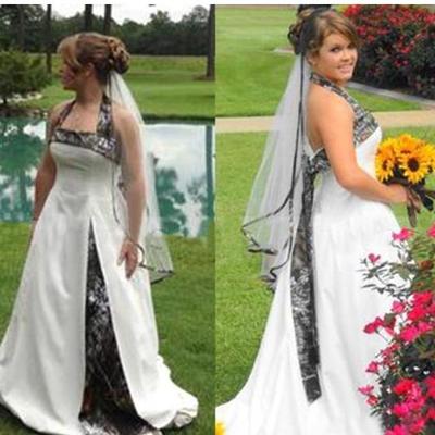Plus size camo a line wedding dresses cheap halter sleeveless satin bridal gowns camouflage 