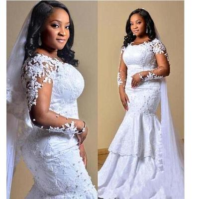 South african mermaid wedding dress lace appliques sheer long sleeves bridal gowns plus size sweep train wedding vestidos custom made