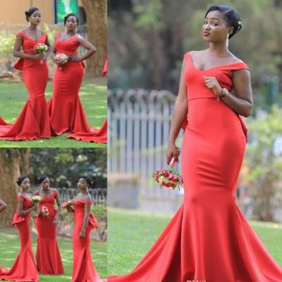 African v neck long bridesmaid dresses for wedding plus size mermaid maid of honor gowns satin sweep train women formal 