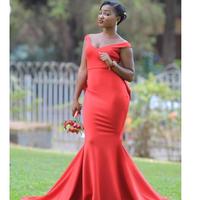 African V Neck Long Bridesmaid Dresses For Wedding Plus Size Mermaid Maid Of Honor Gowns Satin Sweep Train Women Formal  - Thumbnail 1