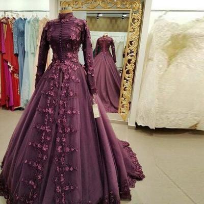 Muslim prom dresses burgundy lace appliques long sleeves evening gowns saudi arabia high neck ruffles long formal party bridal dress
