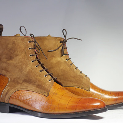 Men's handmade tan brown high ankle crocodile leather & suede lace up boot - Thumbnail 4