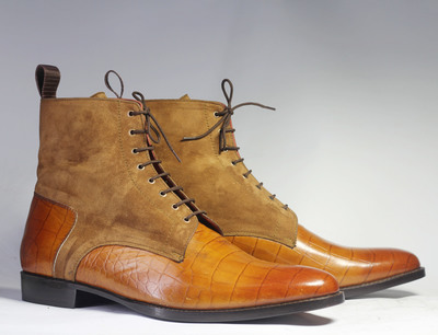 Men's Handmade Tan Brown High Ankle Crocodile Leather & Suede Lace Up Boot