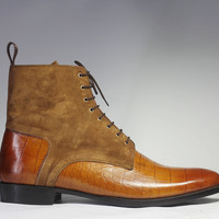 Men's Handmade Tan Brown High Ankle Crocodile Leather & Suede Lace Up Boot - Thumbnail 1