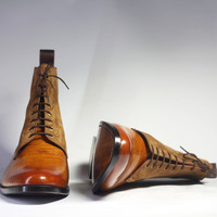 Men's Handmade Tan Brown High Ankle Crocodile Leather & Suede Lace Up Boot - Thumbnail 3