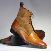 Men's Handmade Tan Brown High Ankle Crocodile Leather & Suede Lace Up Boot - Thumbnail 2