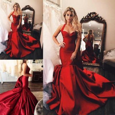 Charming red evening gowns runway fashion halter satin ruched prom dresses sexy backless court train formal party dress custom made