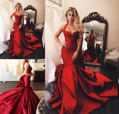 Charming Red Evening Gowns Runway Fashion Halter Satin Ruched Prom Dresses Sexy Backless Court Train Formal Party Dress Custom Made