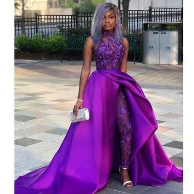 Classic jumpsuits prom dresses with detachable train high neck lace appliqued bead evening gowns luxury african party women pant suits