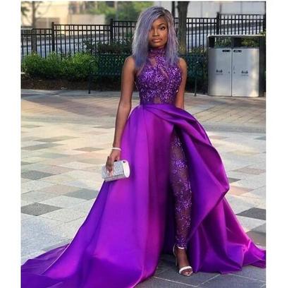 Classic Jumpsuits Prom Dresses With Detachable Train High Neck Lace Appliqued Bead Evening Gowns Luxury African Party Women Pant Suits