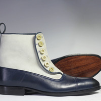 Handmade White & Blue Ankle High Button Top Leather Suede Boot  - Thumbnail 2