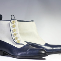 Handmade White & Blue Ankle High Button Top Leather Suede Boot  - Thumbnail 1