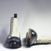 Handmade White & Blue Ankle High Button Top Leather Suede Boot  - Thumbnail 3