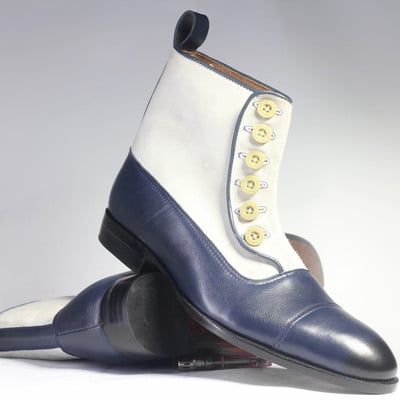 Handmade white & blue ankle high button top leather suede boot  - Thumbnail 3