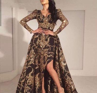 Luxury Black Gold Glitter Mermaid Long Sleeves Evening Dress 2019 Saudi Arabia Dubai Moroccan Removable Train Muslim Prom Dress