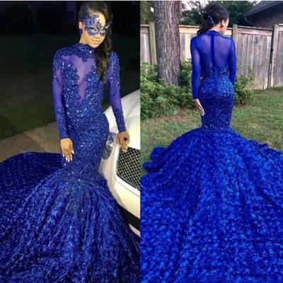 Luxury long tail royal blue black girls mermaid prom dresses high neck long sleeves beaded handmade flowers evening party gowns