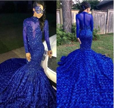 Luxury Long Tail Royal Blue Black Girls Mermaid Prom Dresses High Neck Long Sleeves Beaded Handmade Flowers Evening Party Gowns
