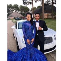Luxury Long Tail Royal Blue Black Girls Mermaid Prom Dresses High Neck Long Sleeves Beaded Handmade Flowers Evening Party Gowns - Thumbnail 3